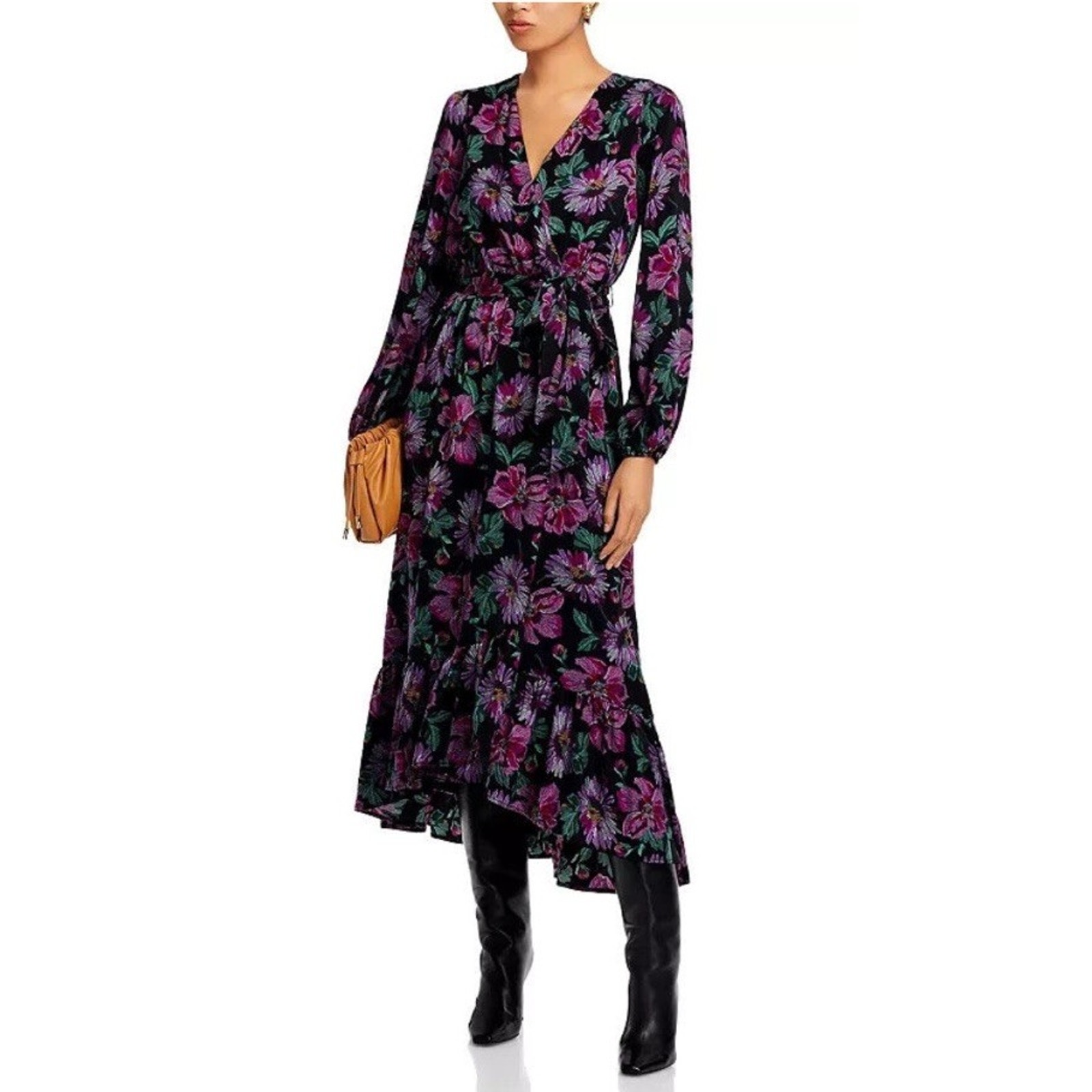Aqua Floral Black V-Neck Maxi Wrap Belted Dress Long Sleeves Size Xs